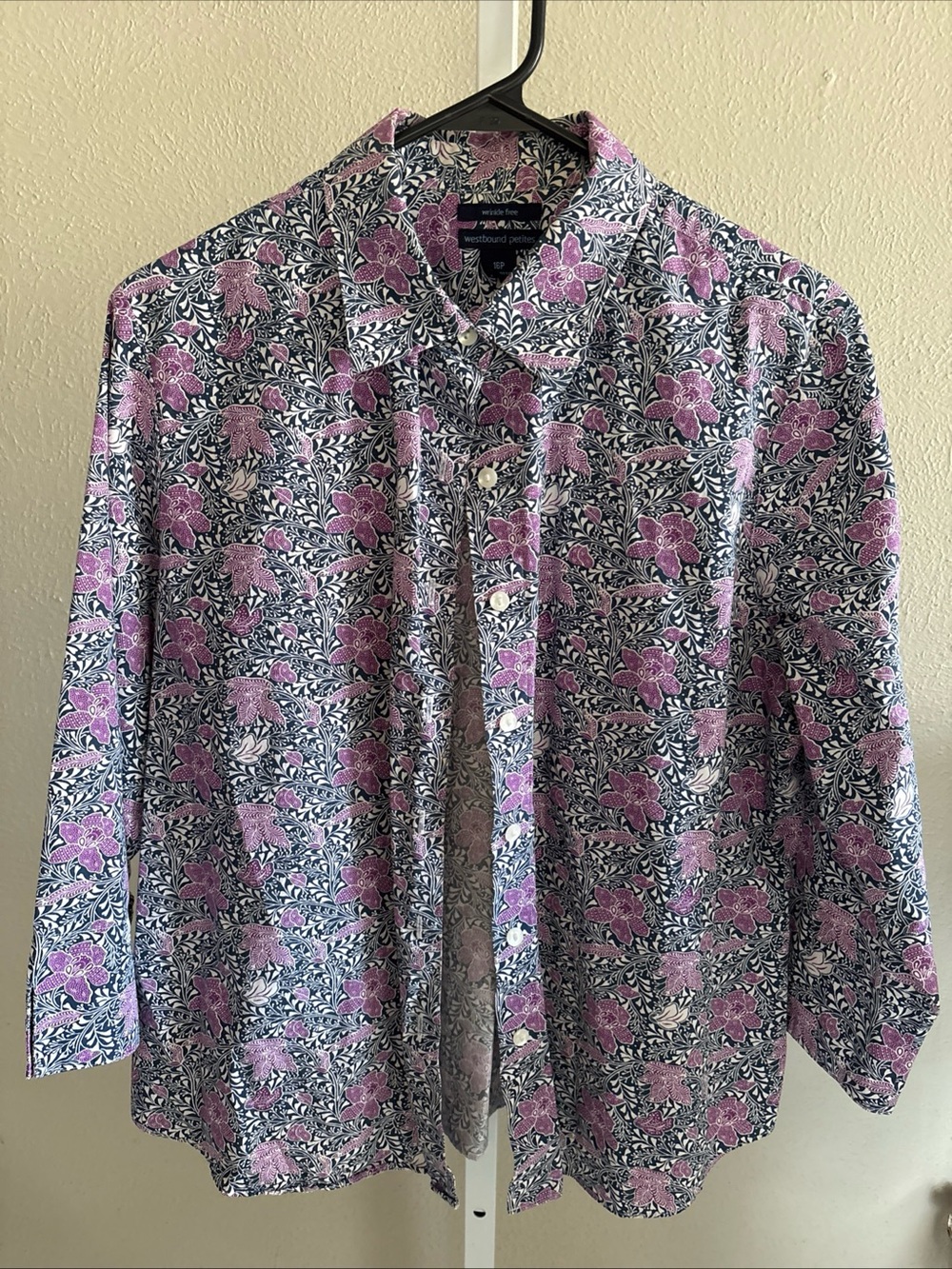 Women’s Floral Button-Up Shirt in Purple and Navy Size 16P